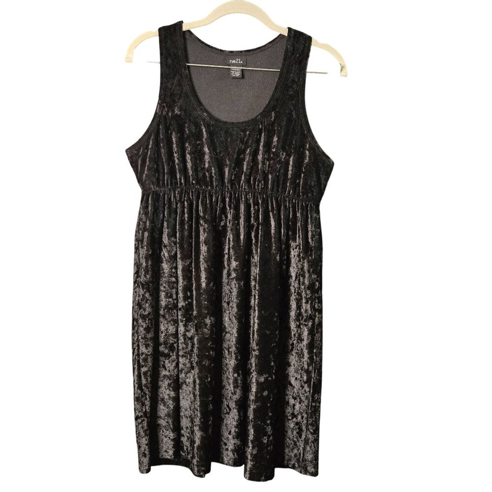Y2K Crushed Velvet Babydoll Dress Large Black Whimsigoth Grunge Mini Scoop Neck